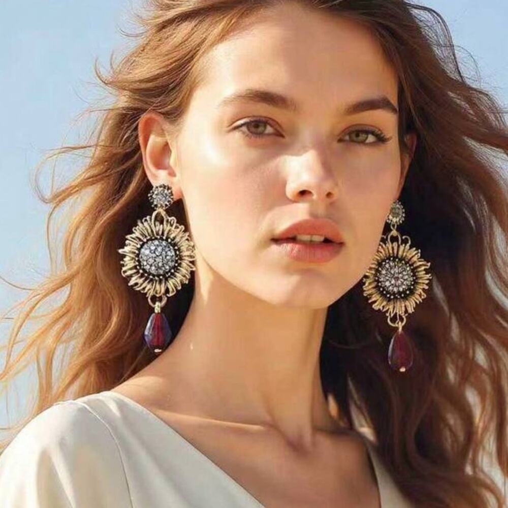 Sunflower Drop Earrings Gold Tone Crystal Red Teardrop Statement